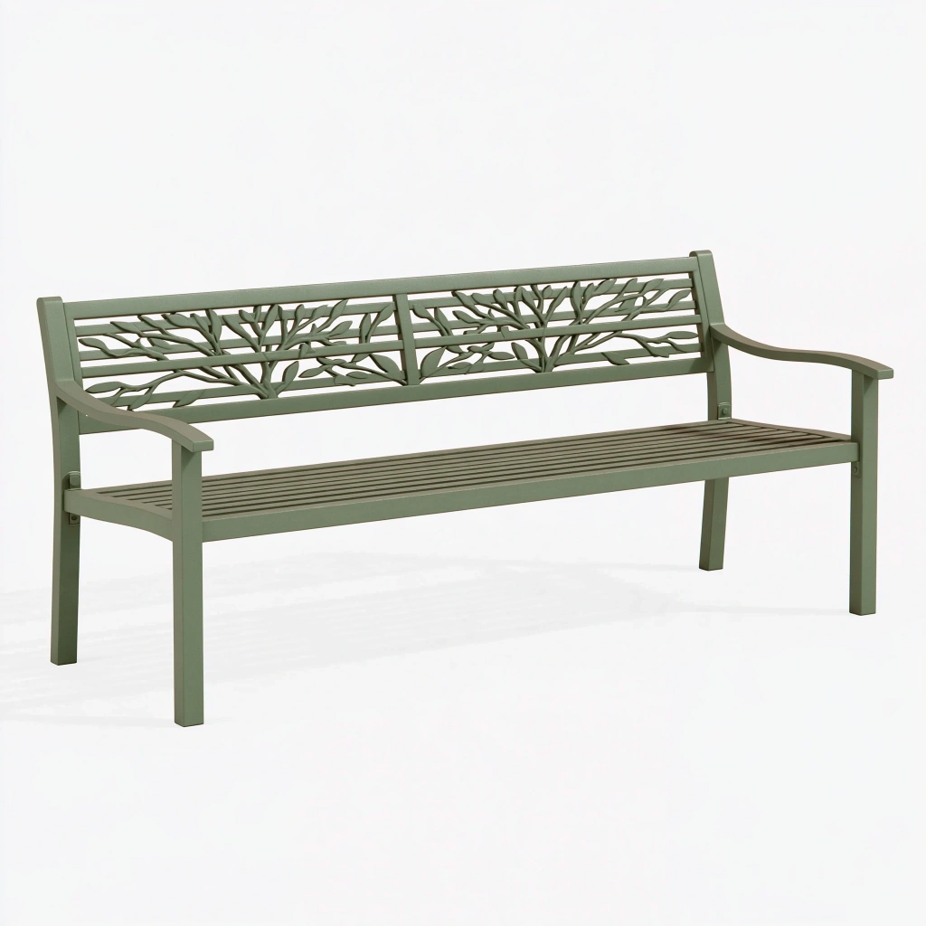 Ławka ogrodowa 150 x 60 x 90 cm metalowa zielona z oparciem w motyw liści