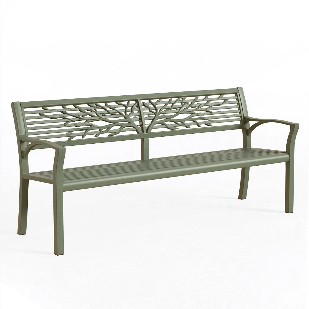 Ławka ogrodowa 150 x 60 x 90 cm metalowa zielona z oparciem w motyw drzewa
