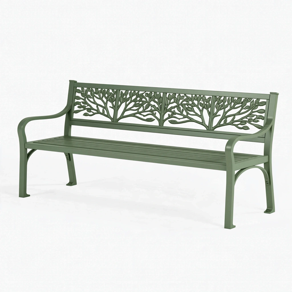 Ławka ogrodowa 150 x 62 x 90 cm metalowa zielona z oparciem w motyw liści