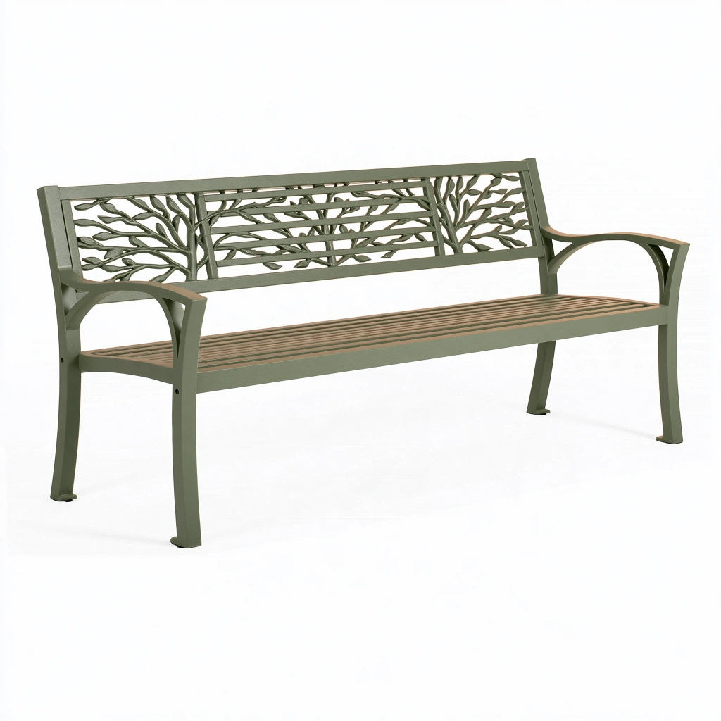 Ławka ogrodowa 125 cm metalowa zielona z oparciem w motyw drzew