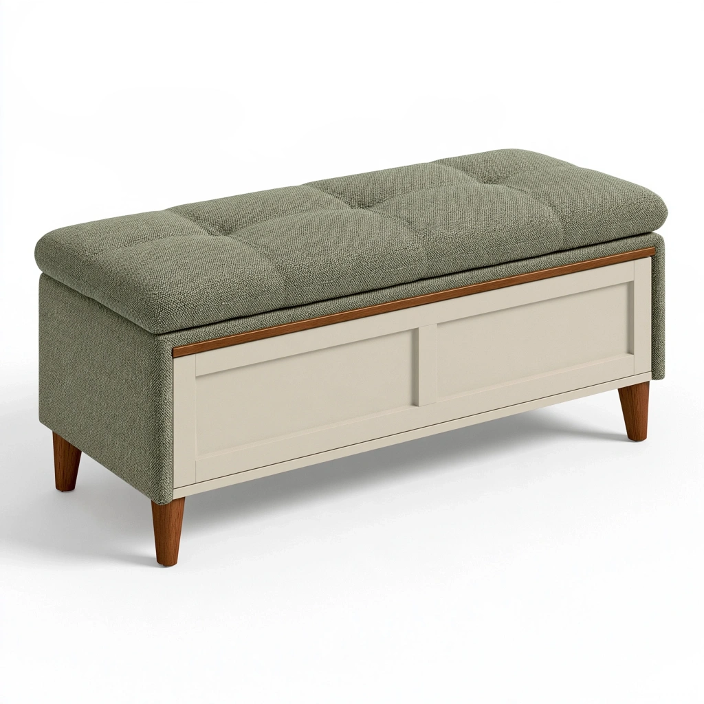 Ławka ze schowkiem 120 x 45 x 48 cm z tkaniny i drewna oliwkowa w stylu retro
