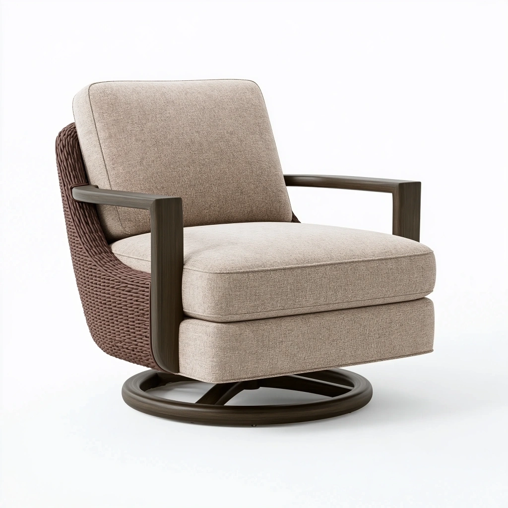 Fotel obrotowy 80 x 85 x 90 cm z tapicerką beżowy z plecionym rattanem do salonu